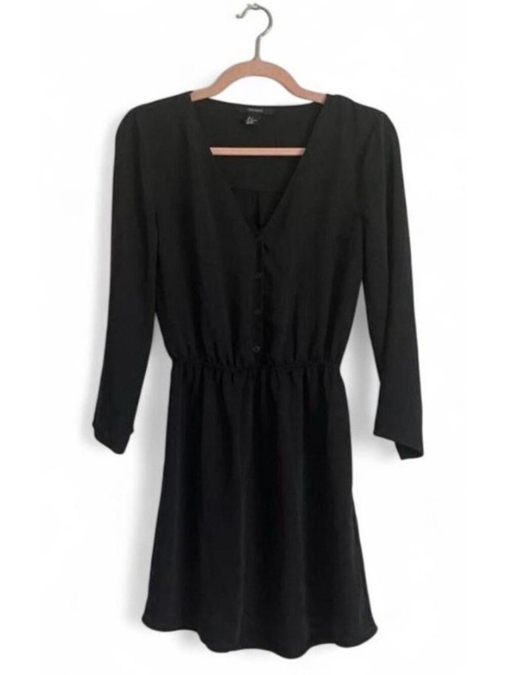 Forever 21 Black Mini Dress Long Sleeve Button Front Elastic Waist Size S